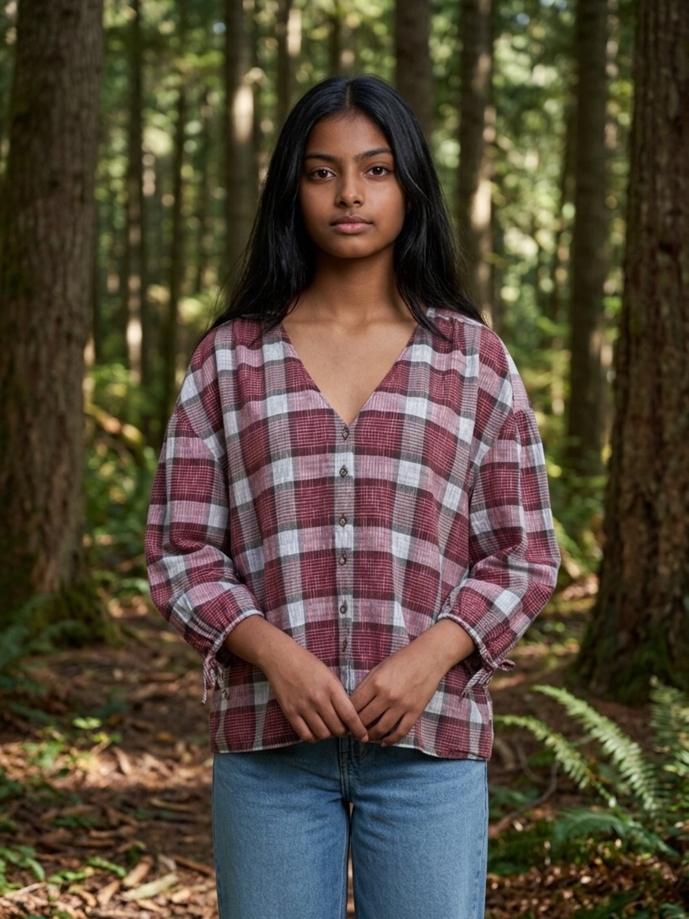 Madewell Tartan Plaid V-Neck Button Down Top